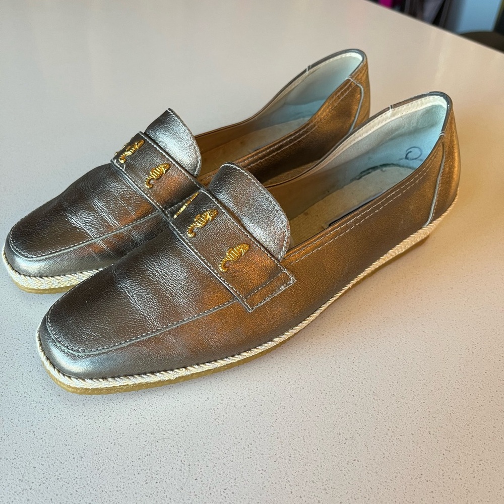 Vintage Silver Metallic Boat Shoe Wedges with Gold Seahorse Accents